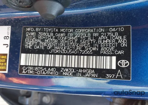 2010 Toyota Prius Iv z USA, uszkodzony, nr VIN JTDKN3DU5A0172065